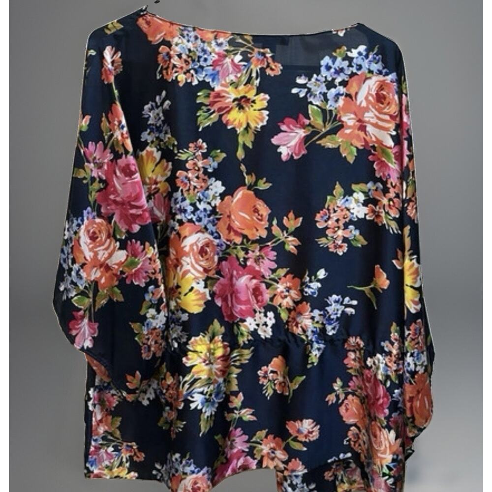 Chaps Navy Multicolor Floral V-Neck 3/4 Sleeve Pullover Woven Blouse 1X - Picture 2 of 4